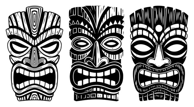 Tiki masks set of three Polynesian tribal wooden mask silhouettes for tropical party and summer beach decoration