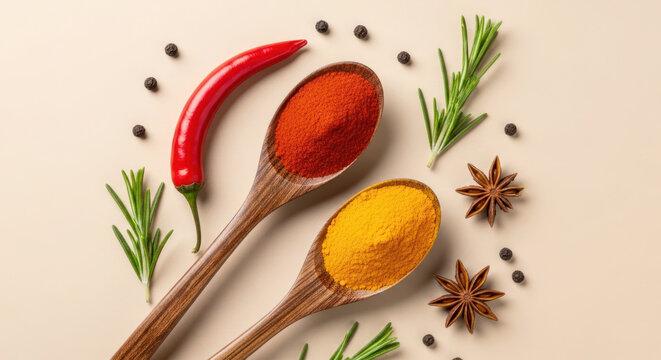 Wooden spoons filled with red chili powder and turmeric powder, surrounded by fresh herbs and spices on a light beige background