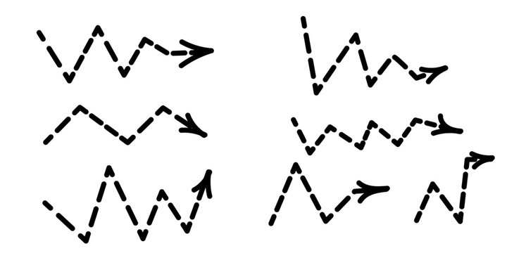 Dotted arrow icons, black dot direction symbol, dotted pointer, zig zag arrow right direction. Vector flat set arrow