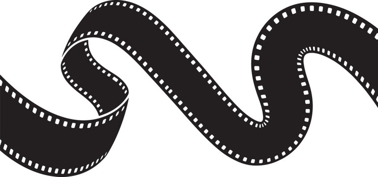 Curving black film strip with perforations on a transparent background, abstract motion