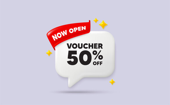 Coupon chat speech bubble. Now open flag ribbon. Voucher 50 percent off sale. Special offer coupon sign. Black friday discount symbol. 3d sparkle stars speech bubble. Vector
