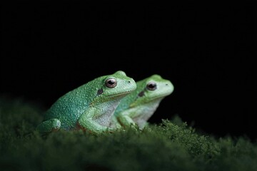 Obraz premium Two green frogs sitting on a bed of green moss. the frogs are facing the same direction and appear to be looking directly at the camera composition.
