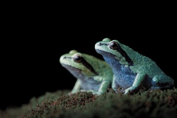 Obraz premium Two small frogs sitting on a bed of moss. the frogs are facing each other and appear to be looking up towards the sky. they are both green in color and have a shiny metallic appearance.