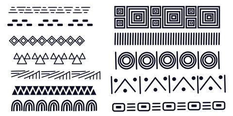 Set african tribal motive border in doodle hand drawn style from geometrical shapes isolated.  traditional native decor border © Cibula