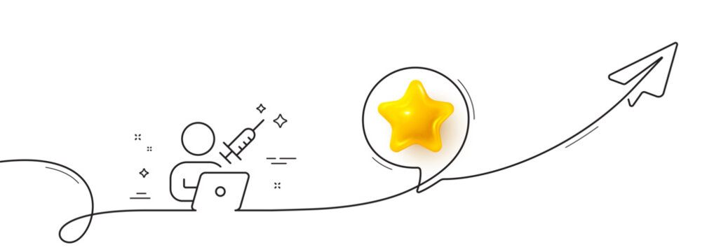 Vaccination appointment line icon. Continuous line with share plane. Book vaccine sign. Injections schedule symbol. 3d star in speech bubble. Vaccination appointment single line ribbon. Vector