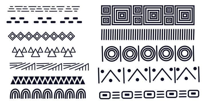 Set african tribal motive border in doodle hand drawn style from geometrical shapes isolated.  traditional native decor border