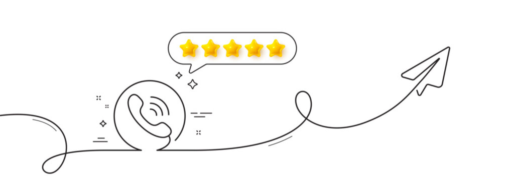 Call center service line icon. Continuous line with share plane. Phone support sign. Feedback symbol. Five star rate review in speech bubble. Call center single line ribbon. Loop curve pattern. Vector