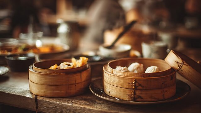 Steamed dumplings in bamboo baskets.