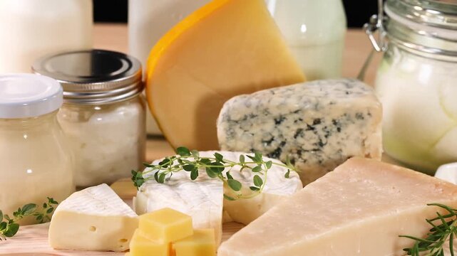 Assorted dairy products including camembert parmesan blue cheese and milk on wooden board.
