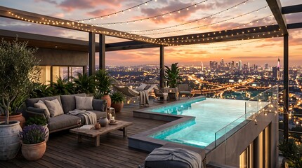 Obraz premium Luxury Rooftop Penthouse Terrace with Infinity Pool and City Skyline Sunset View