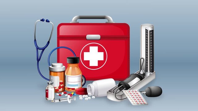 Medical first aid kit and supplies animation with stethoscope and blood pressure monitor.