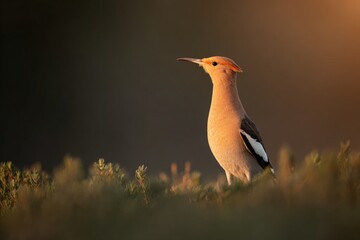 A hoopoe bird standing in the grass at sunset its cream black white and orange feathers standing out against the blurred background. © ArtSpree
