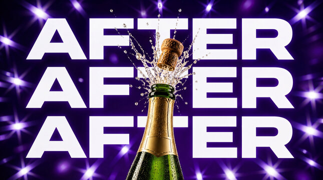 Champagne Bottle Popping with Splash on Purple Neon Background, After Party Nightlife Concept, Club Celebration, DJ Event Poster Header, Luxury Banner Template Design
