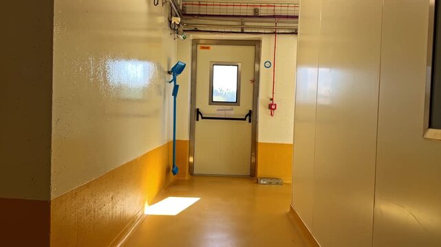 A brightly lit hallway with yellow and white walls leads to a secure door in an industrial facility. Perfect for illustrating safety and security in workplace environments.