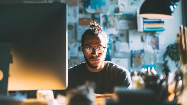 A concentrated male freelancer sits at his computer in a cozy, artistic office, surrounded by creative materials. Evening light highlights his dedication and modern work environment