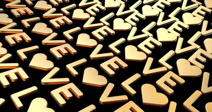 Golden heart symbols and love icons arranged in a repeating decorative pattern on a dark background.