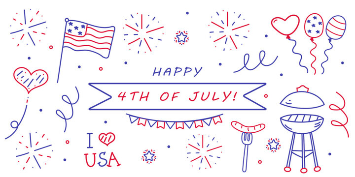Happy 4th of July colored doodle illustrations. USA independence day celebration elements BBQ, sausage, balloons, USA flag, stars, fireworks. Vector doodle illustrations