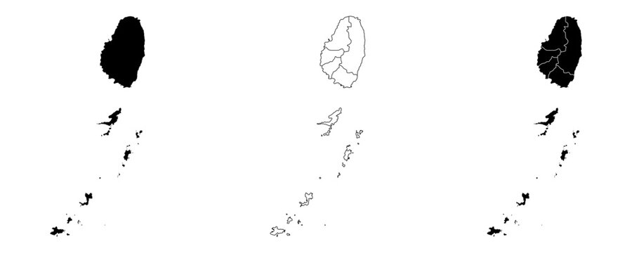 Saint vincent and the grenadines map vector outline, Detailed Saint Vincent map illustration with various and surrounding islands on a white background.Editable country silhouette with parish borders