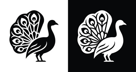 Fototapeta premium Side View Peacock Silhouette with Simplified Tail Fan Shape Black on White Plus White on Black for Decorative Design.