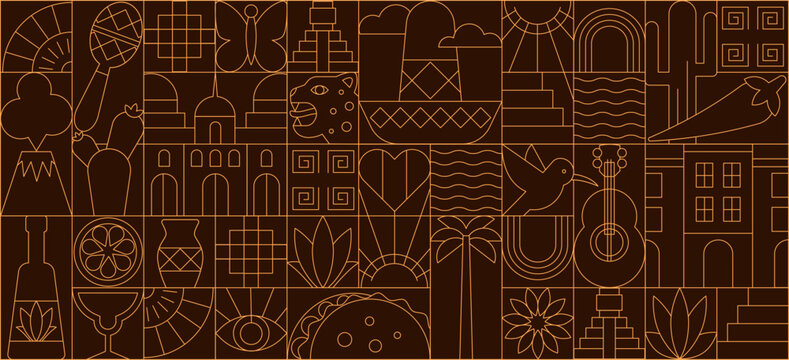 Seamless geometric Mexican symbol pattern in line art, minimal mosaic banner with cultural icons