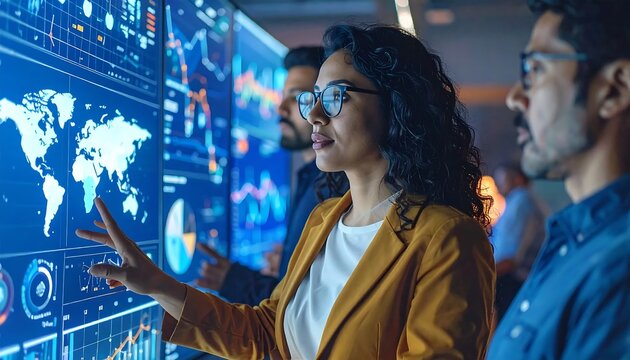 Diverse Team Of Experts Cinematic Lighting Blue And Yellow Tones Analyzing Global Data And Pointing At World Map In A Modern Tech Office