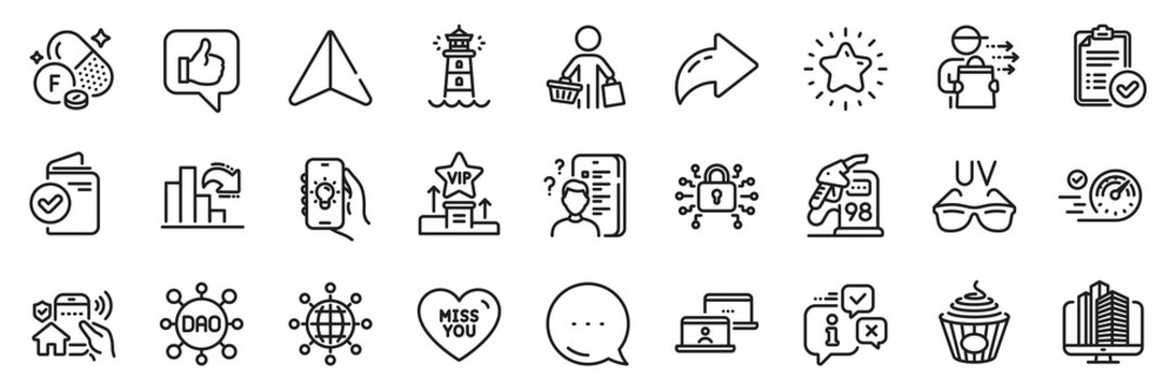 Miss you, Info and Petrol station line icons pack. Share, Message, Paper plane icons. House security, Verification document, Sunglasses web icon. Pasta, Dao, Enterprise pictogram. Vector