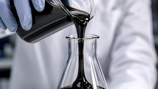 Laboratory scientist pouring thick viscous crude oil into glass flask demonstrates petroleum research and energy industry chemical testing in professional setting