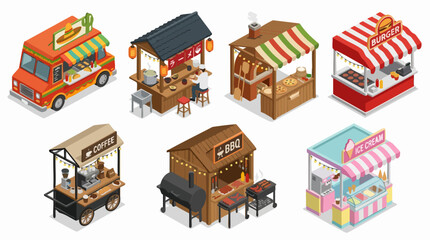 Fototapeta premium Culinary Haven: A vibrant illustration showcasing a collection of food stalls, each offering a unique culinary experience, bringing to life the lively atmosphere of a food market.
