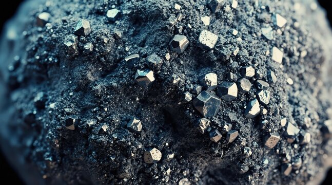 Close-up of dense osmium ore with visible metallic crystals. Bluish-silver material shows smooth, reflective surface with scattered shiny particles. Raw element represents industrial applications,