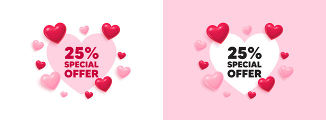 Discount heart shaped banner. 3d flying hearts. 25 percent discount offer tag. Sale price promo sign. Special offer symbol. Valentines day greeting card. Cute 3d love hearts. Vector © blankstock