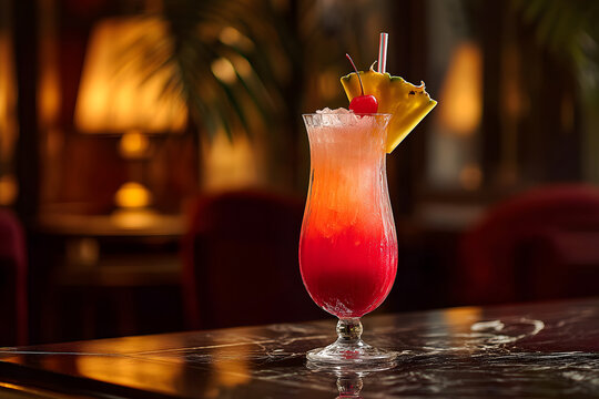 Vibrant Cocktail Served in Tall Hurricane Glass with Colorful Layers and Garnish in Luxurious Setting