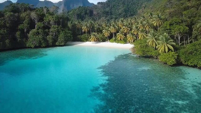 Raja Ampat hidden tropical island, crystal clear water, coral reefs, drone shots, vibrant colors.
