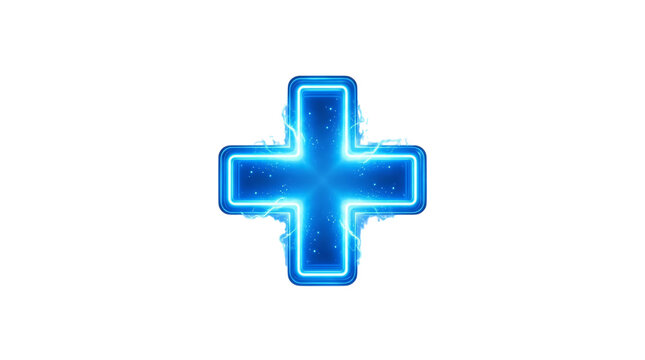 Glowing blue plus sign with neon light effect and sparks