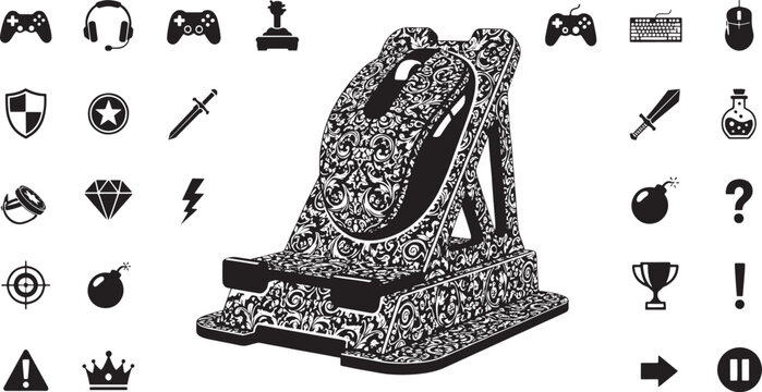 Black and white ornate gaming controller stand surrounded by game holder