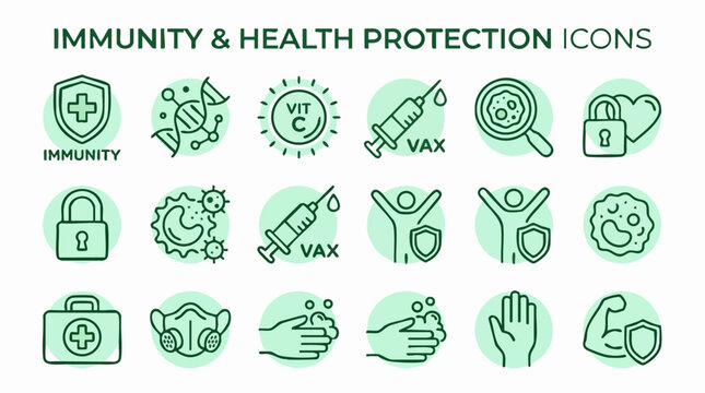 Health Protection Icons: A curated collection of icon symbols representing elements of immunity, health protection, including shield, vaccine, health, security, and well-being.