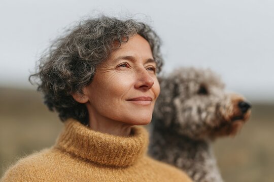 A woman wearing a brown turtleneck sweater standing next to a dog in a field with a blurred background.