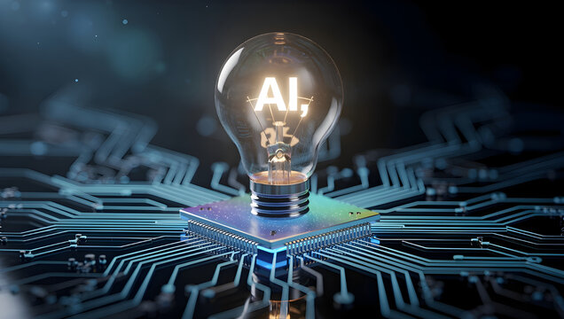 Glowing AI light bulb on circuit board, artificial intelligence concept, innovation idea and smart technology development in futuristic digital background