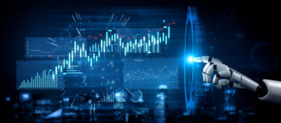 Fototapeta premium A futuristic robotic hand interacts with glowing digital financial graphs on a screen, representing advanced technology in data analysis and financial insights. Scalp