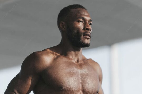 A shirtless man standing in front of a window with a wall in the background. he is wearing a black tank top and shorts and has a determined expression on his face.