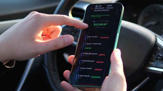 Cinematic shot of a hacker accessing a compromised bank account on a smartphone in a car. Screen shows Access Granted and transaction history. Ideal for cybersecurity, digital fraud, and tech crime