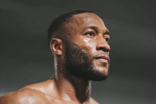A man with a beard and no shirt looking away from the camera set against a black background. he appears to be in the middle of a fight with a determined expression on his face as if he is ready to.