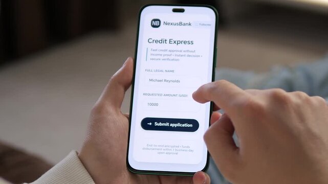 Modern mobile banking experience: submitting a credit request and receiving an instant approval notice. Perfect for fintech startups, banking technology, and debt management content. Sleek smartphone