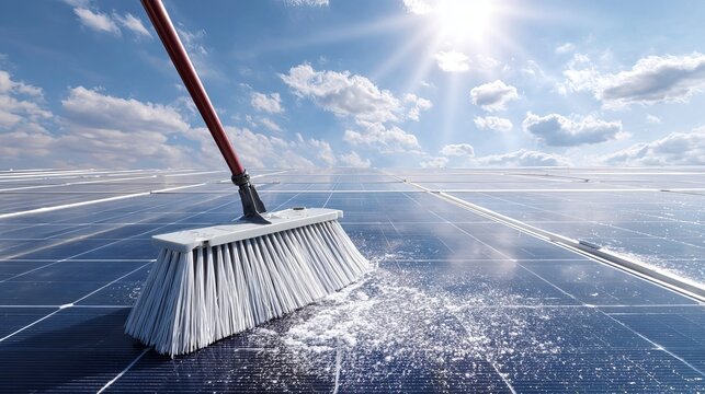 A sweeper removes dust from solar panels. This action helps them work better and produce more power.