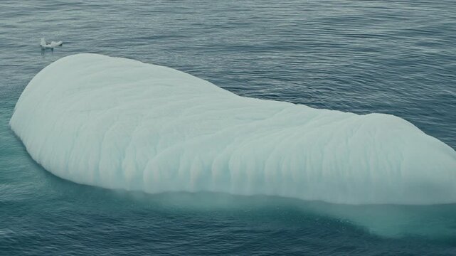 Close-up tracking shot of sculpted floating iceberg with ridged erosion texture drifting through dark teal Antarctic ocean waters