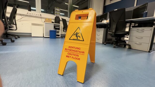 Yellow caution wet floor sign in an office environment, representing workplace safety and accident prevention.