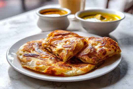 Classic Singapore Roti Prata Served on Round White Ceramic Plate with Curry and Dipping Sauce