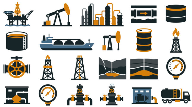 Oil Gas Petroleum Industry Colored Flat Icons Set, Two Tone Refinery Drilling Pump Pipeline Energy Production Symbol Collection