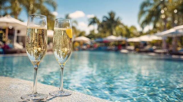 Enjoying bubbly drinks at a calm resort pool brings pure happiness.
