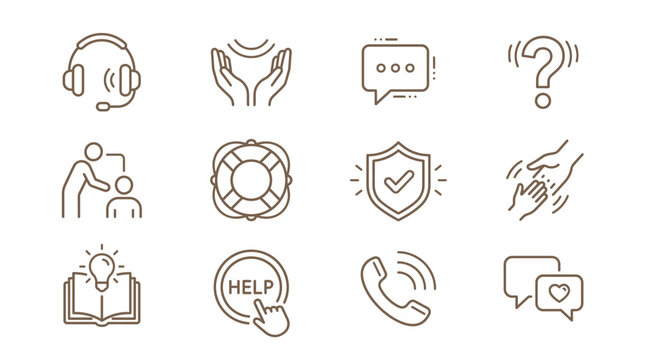Customer Support Service Line Icons Set, Thin Outline Help Care Chat Shield Phone Assistance Symbol Collection