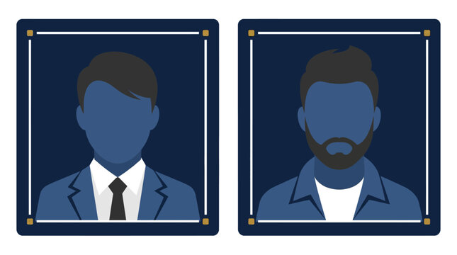 
Male Professional Avatar Portrait Set, Bearded Clean Shaven Business Man ID Card Frame Blue Silhouette Placeholder